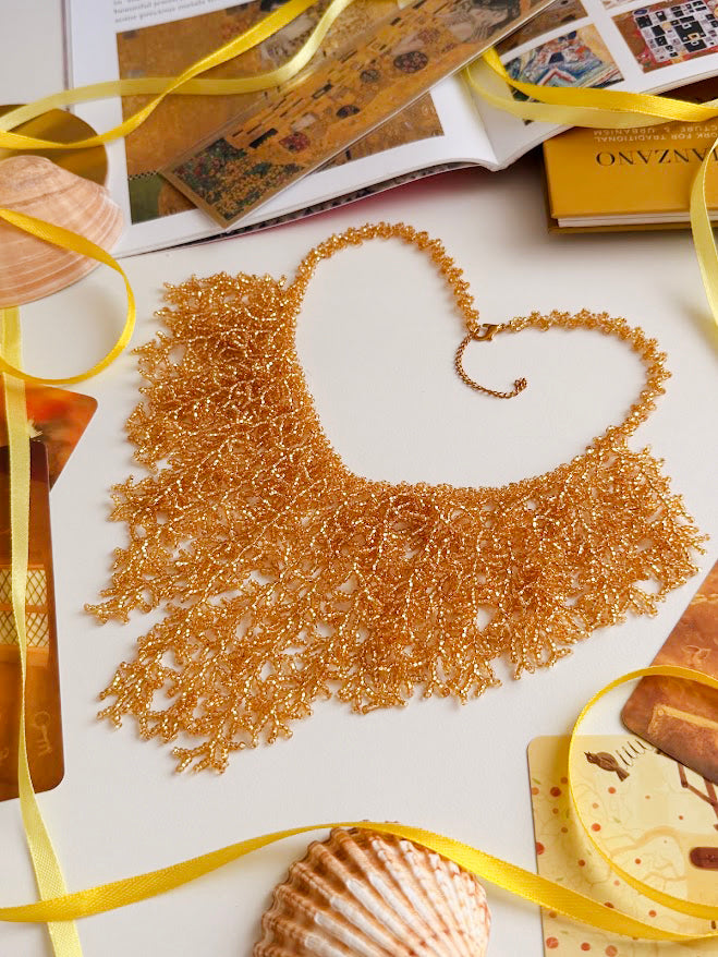 Beaded Necklace "Golden Coral" | Gold | Handmade