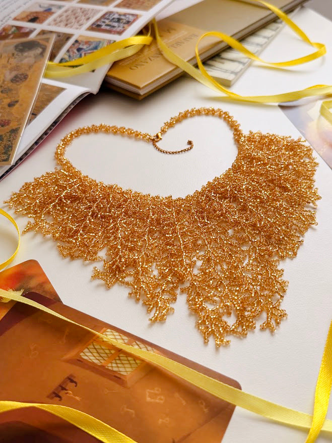 Beaded Necklace "Golden Coral" | Gold | Handmade