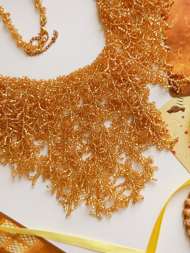 Beaded Necklace "Golden Coral" | Gold | Handmade