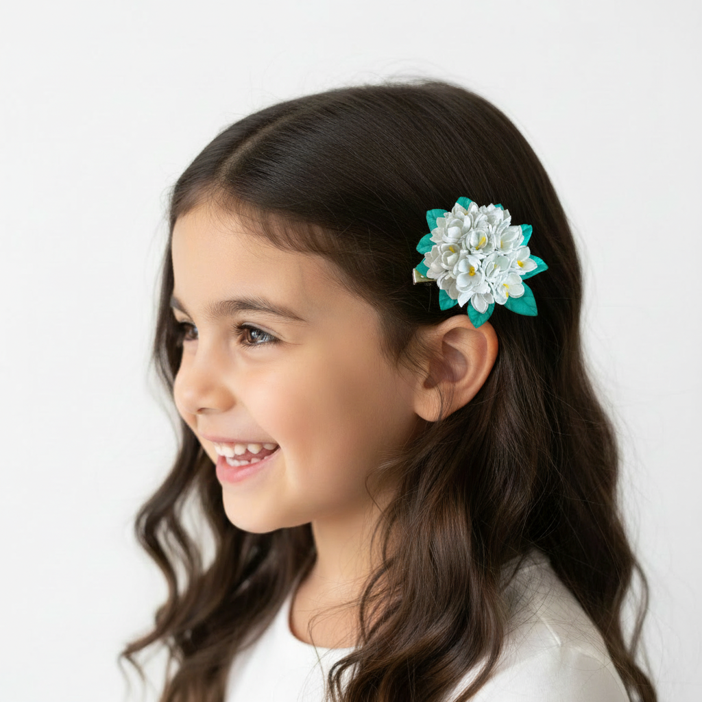 Flower Hair Clips Set of 2 - Pink & White Foam Flowers with Turquoise Leaves