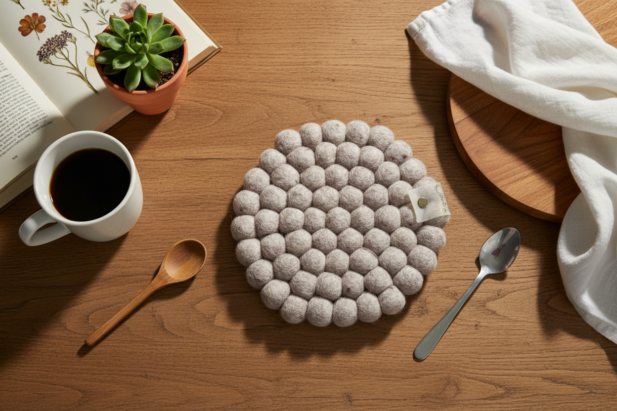 Handmade Wool Trivets - Round Beige Melange