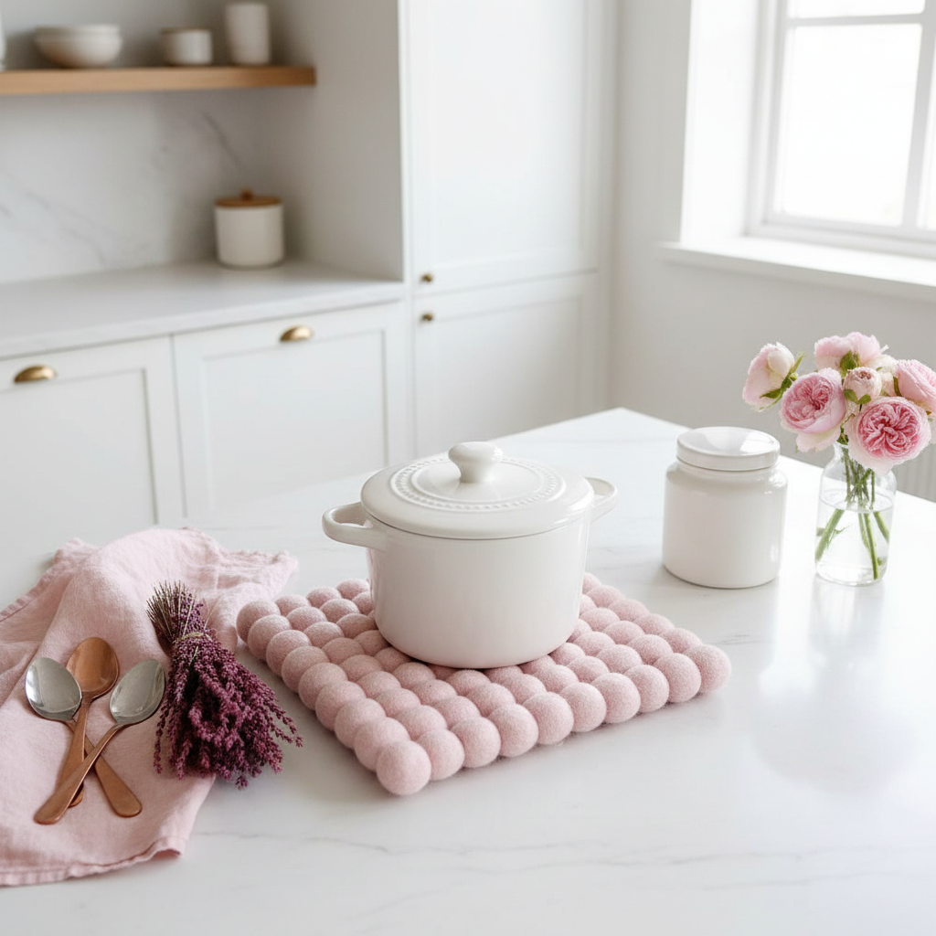 Handmade Wool Trivets - Square Soft Pink