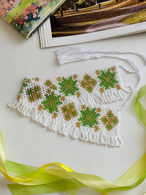 Beaded Necklace "Spring Meadow" | Gold, White & Lime Green | Handmade
