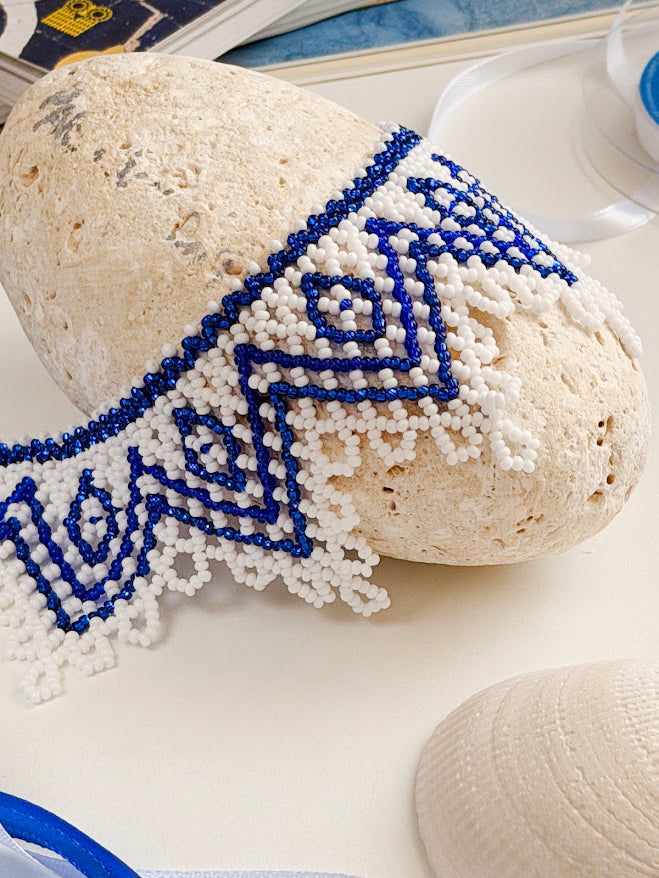 Beaded Necklace "Blue Star" | White + Blue | Handmade