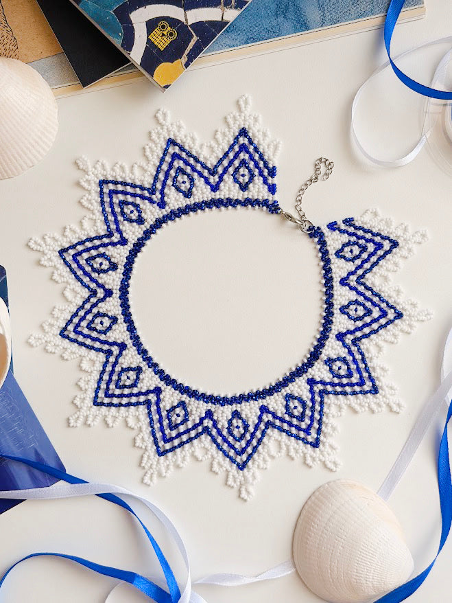 Beaded Necklace "Blue Star" | White + Blue | Handmade
