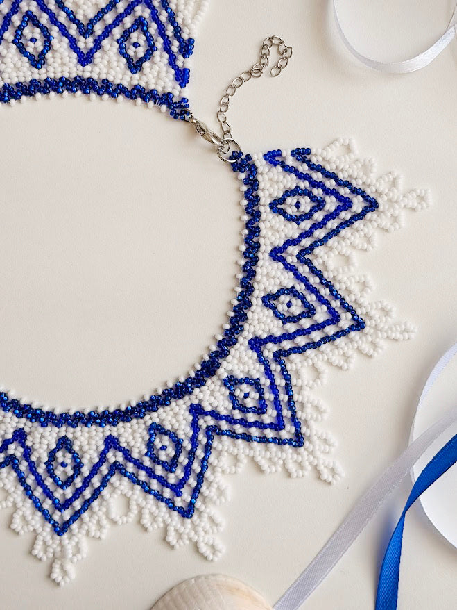 Beaded Necklace "Blue Star" | White + Blue | Handmade