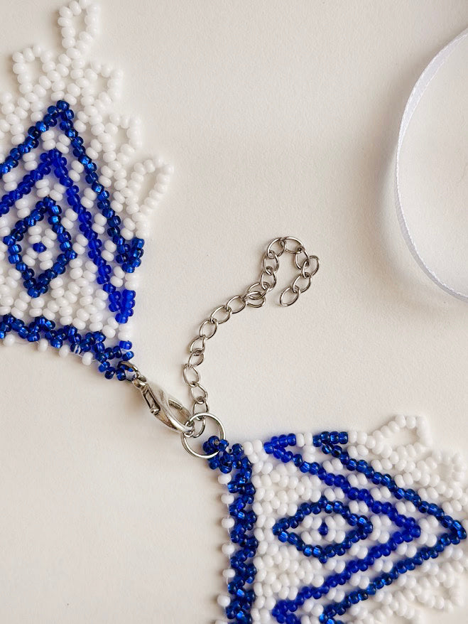 Beaded Necklace "Blue Star" | White + Blue | Handmade