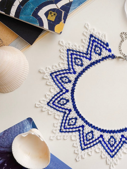 Beaded Necklace "Blue Star" | White + Blue | Handmade
