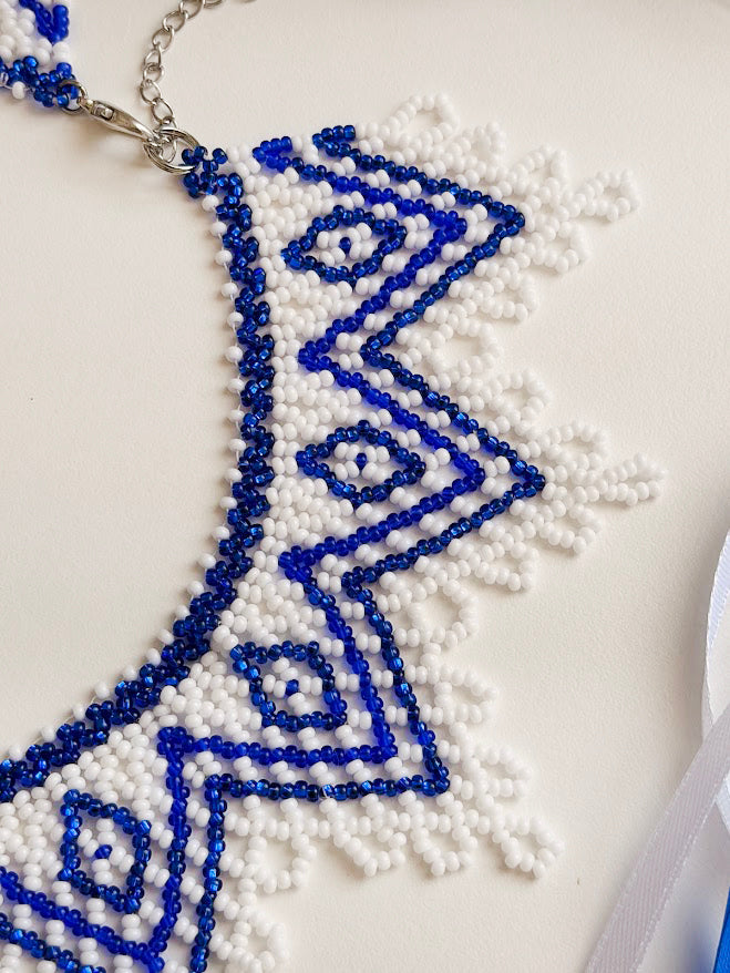 Beaded Necklace "Blue Star" | White + Blue | Handmade