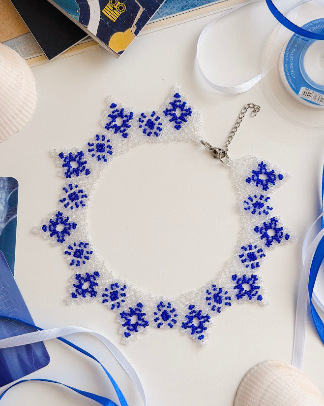 Beaded Necklace "Snowflake" | Blue & Clear | Handmade