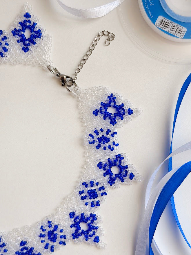 Beaded Necklace "Snowflake" | Blue & Clear | Handmade