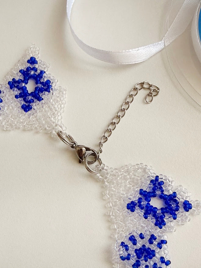 Beaded Necklace "Snowflake" | Blue & Clear | Handmade