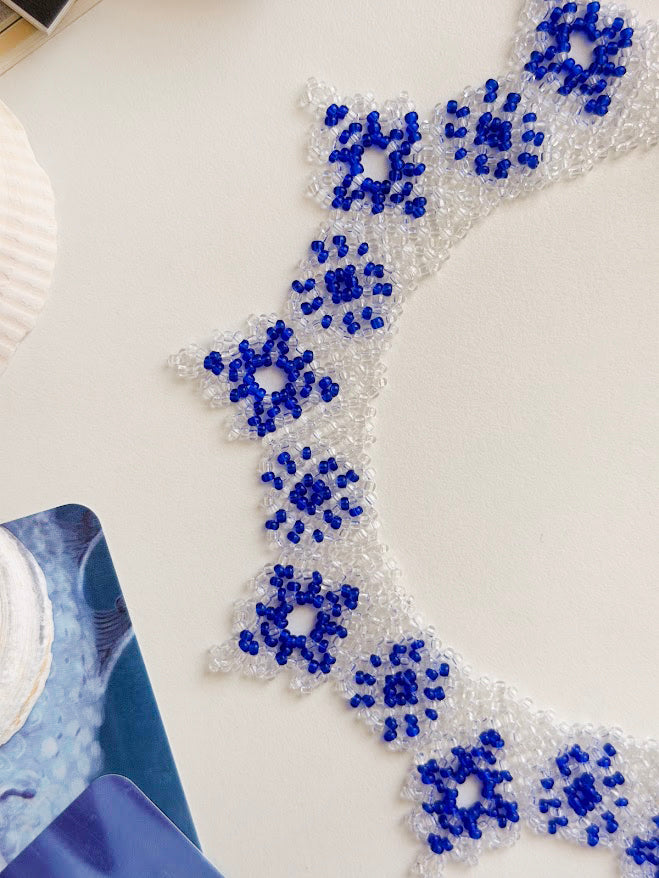 Beaded Necklace "Snowflake" | Blue & Clear | Handmade