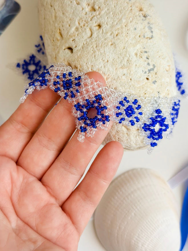 Beaded Necklace "Snowflake" | Blue & Clear | Handmade