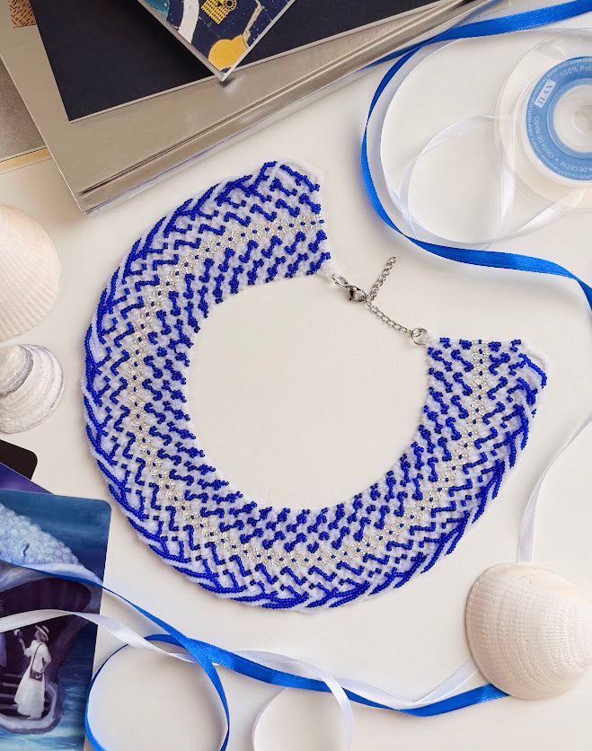 Beaded Necklace "Ocean Wave" | Blue, Clear & Silver | Handmade