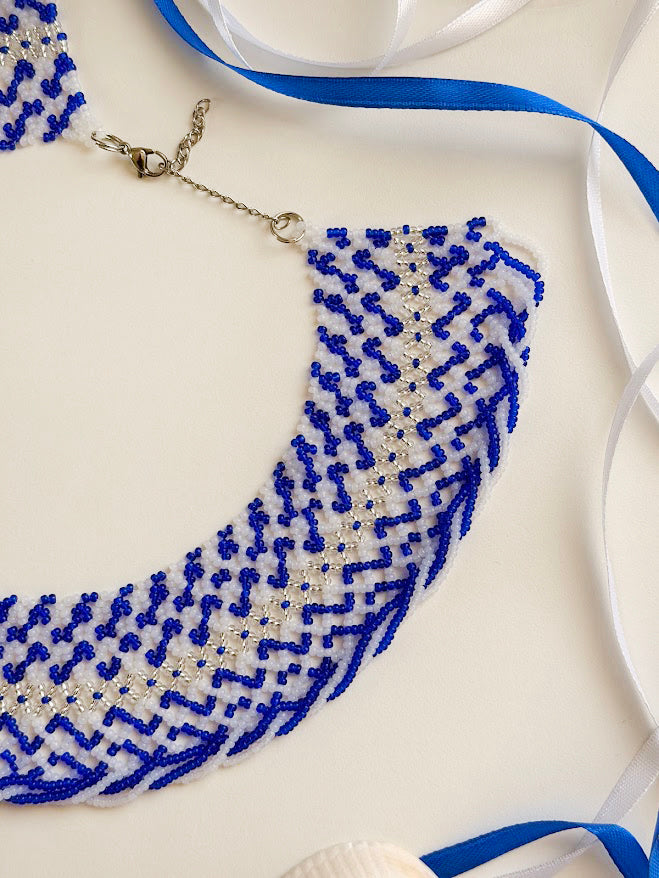 Beaded Necklace "Ocean Wave" | Blue, Clear & Silver | Handmade