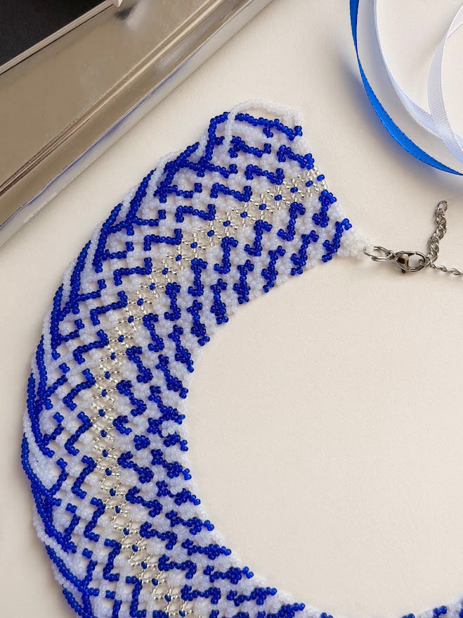 Beaded Necklace "Ocean Wave" | Blue, Clear & Silver | Handmade