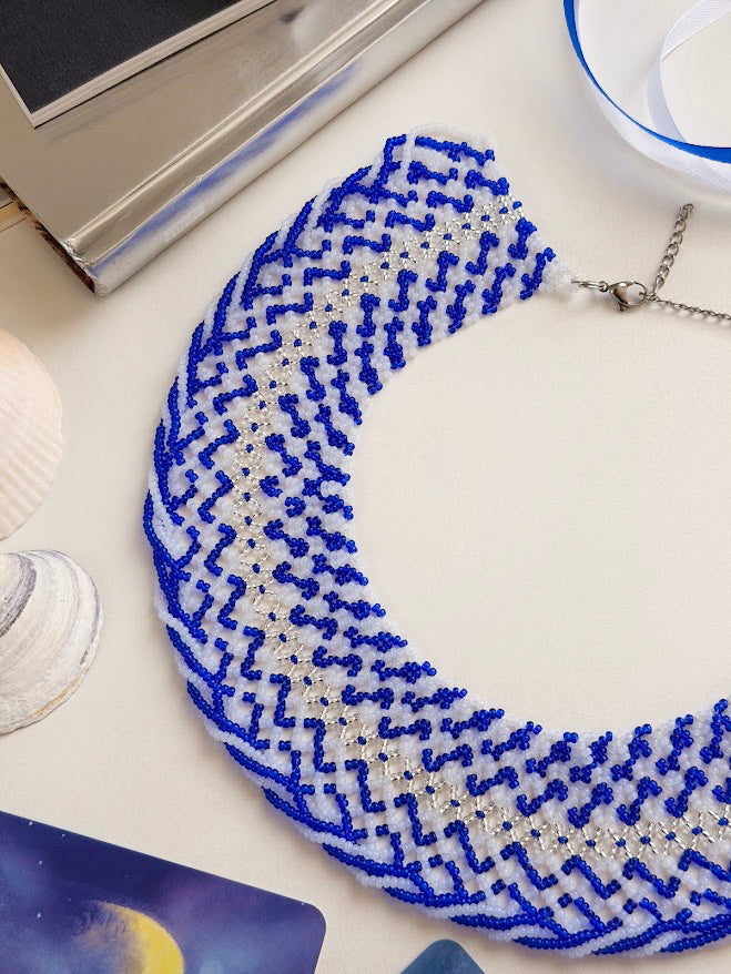 Beaded Necklace "Ocean Wave" | Blue, Clear & Silver | Handmade