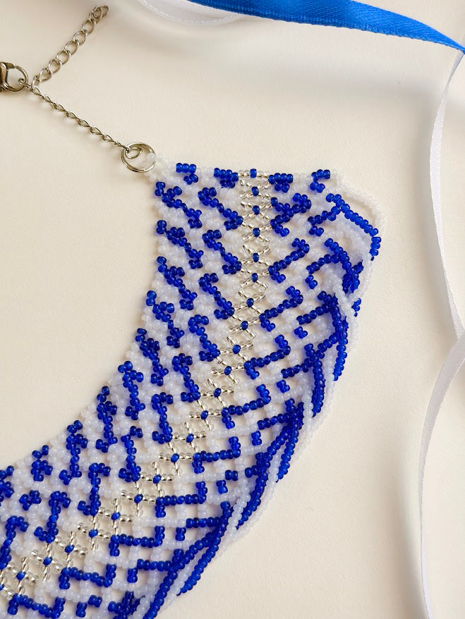 Beaded Necklace "Ocean Wave" | Blue, Clear & Silver | Handmade