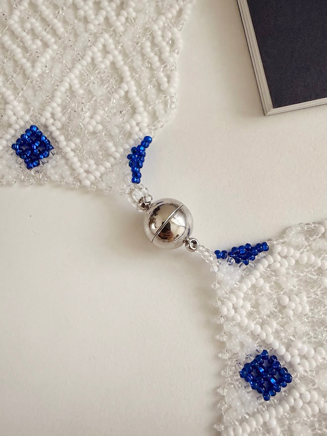 Beaded Necklace "Ocean Empress" | White, Clear & Blue | Handmade