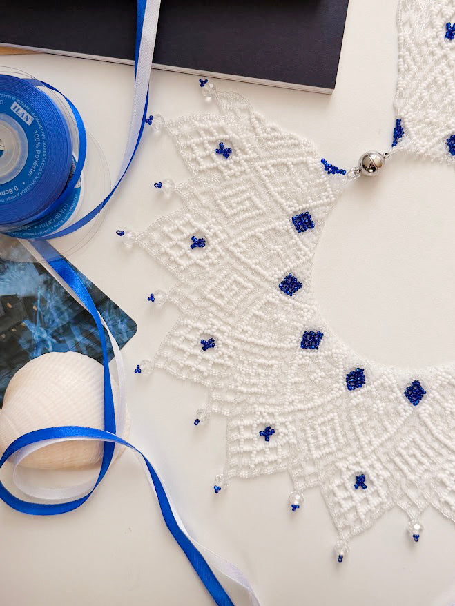 Beaded Necklace "Ocean Empress" | White, Clear & Blue | Handmade
