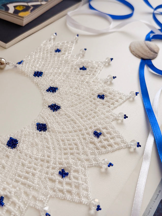Beaded Necklace "Ocean Empress" | White, Clear & Blue | Handmade