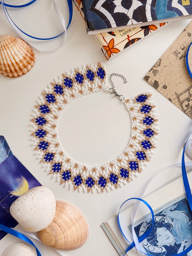 Beaded Necklace "Mermaid's Gold" | White, Gold & Blue | Handmade