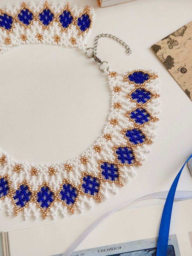 Beaded Necklace "Mermaid's Gold" | White, Gold & Blue | Handmade