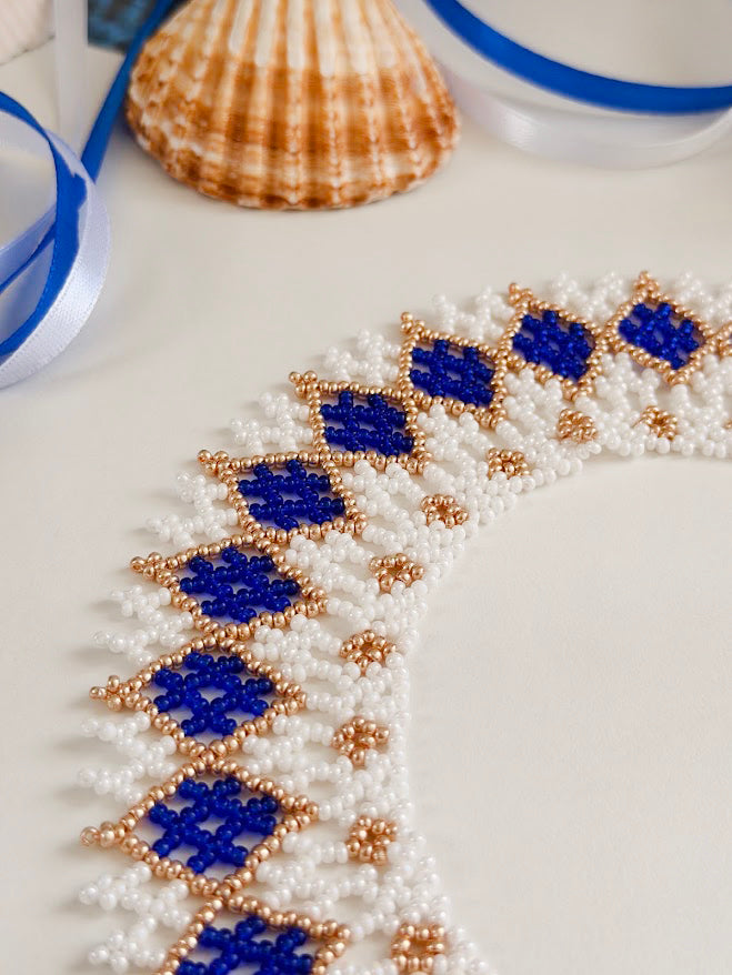 Beaded Necklace "Mermaid's Gold" | White, Gold & Blue | Handmade