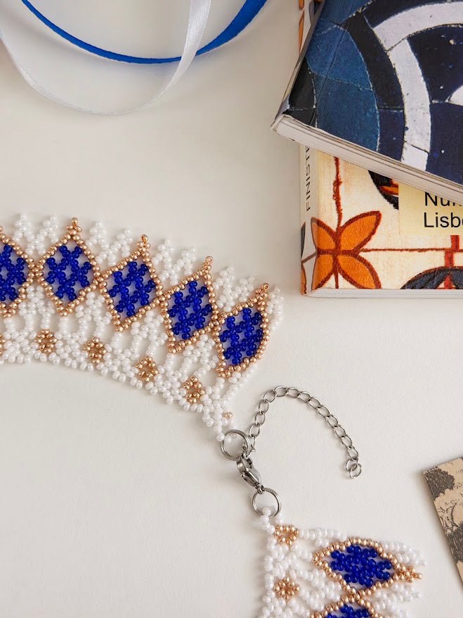 Beaded Necklace "Mermaid's Gold" | White, Gold & Blue | Handmade