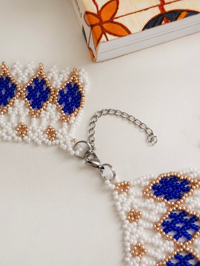 Beaded Necklace "Mermaid's Gold" | White, Gold & Blue | Handmade