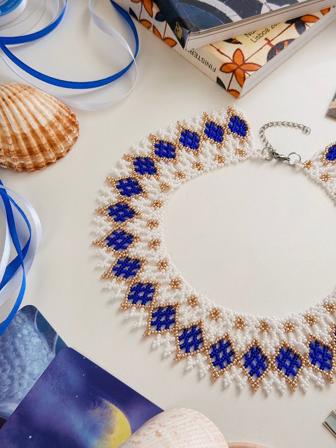 Beaded Necklace "Mermaid's Gold" | White, Gold & Blue | Handmade