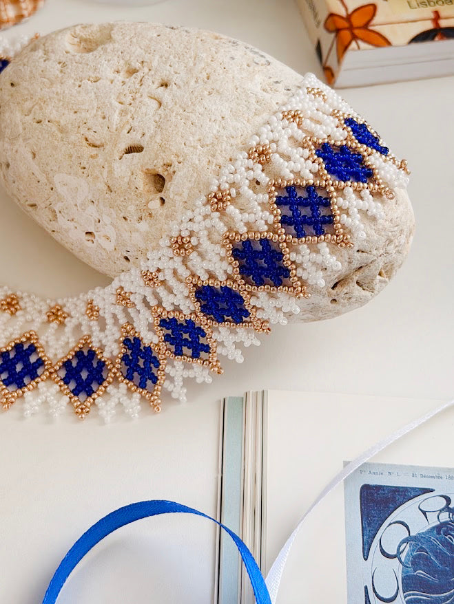 Beaded Necklace "Mermaid's Gold" | White, Gold & Blue | Handmade