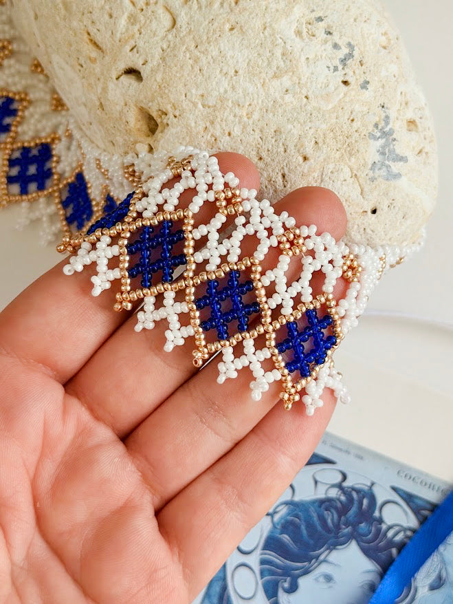 Beaded Necklace "Mermaid's Gold" | White, Gold & Blue | Handmade