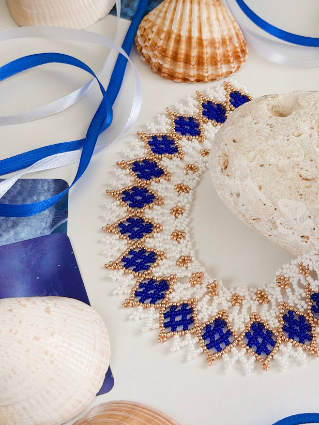 Beaded Necklace "Mermaid's Gold" | White, Gold & Blue | Handmade