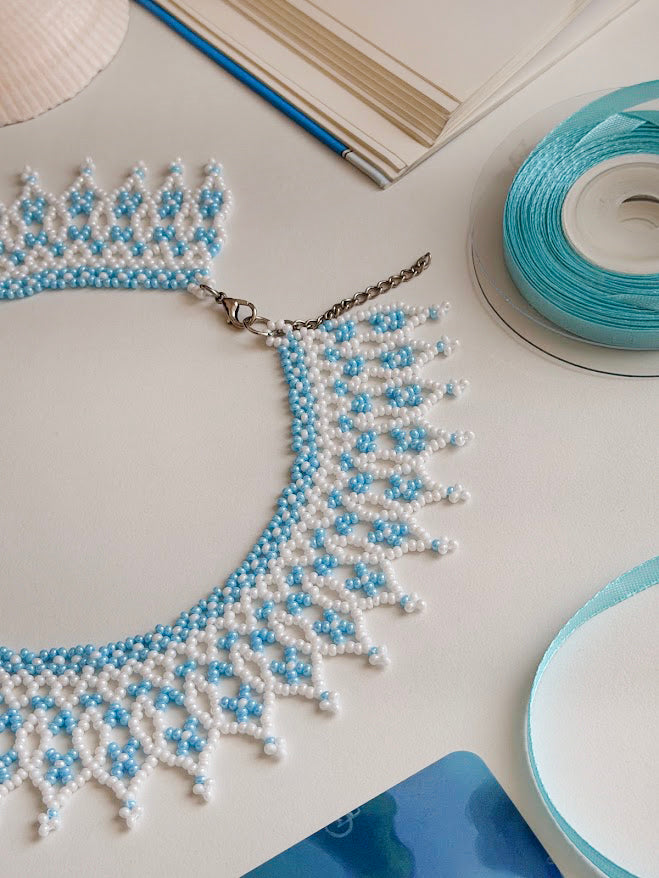 Beaded Necklace "Sky Foam" | White & Light Blue | Handmade