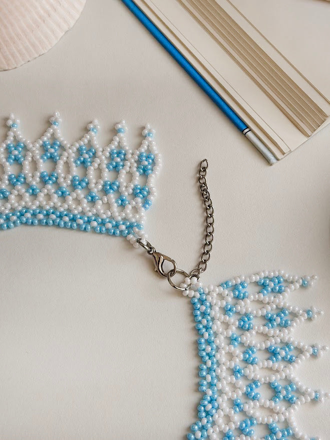 Beaded Necklace "Sky Foam" | White & Light Blue | Handmade
