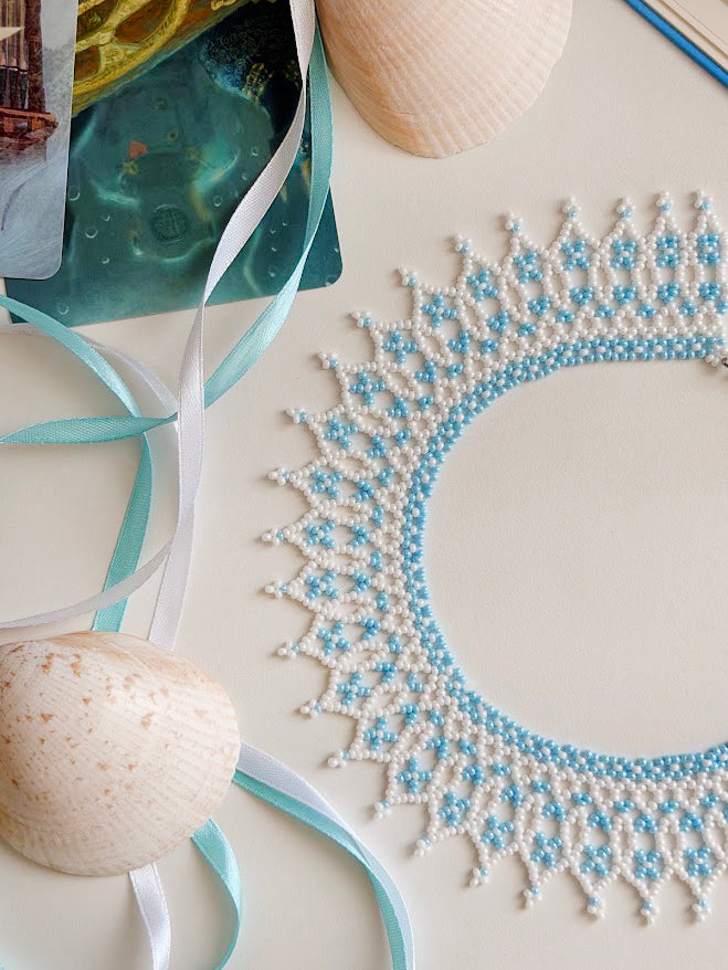 Beaded Necklace "Sky Foam" | White & Light Blue | Handmade