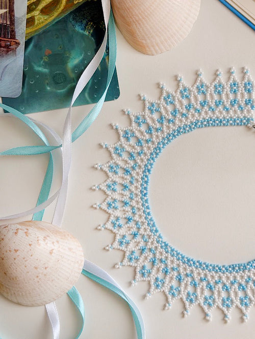 Beaded Necklace "Sky Foam" | White & Light Blue | Handmade
