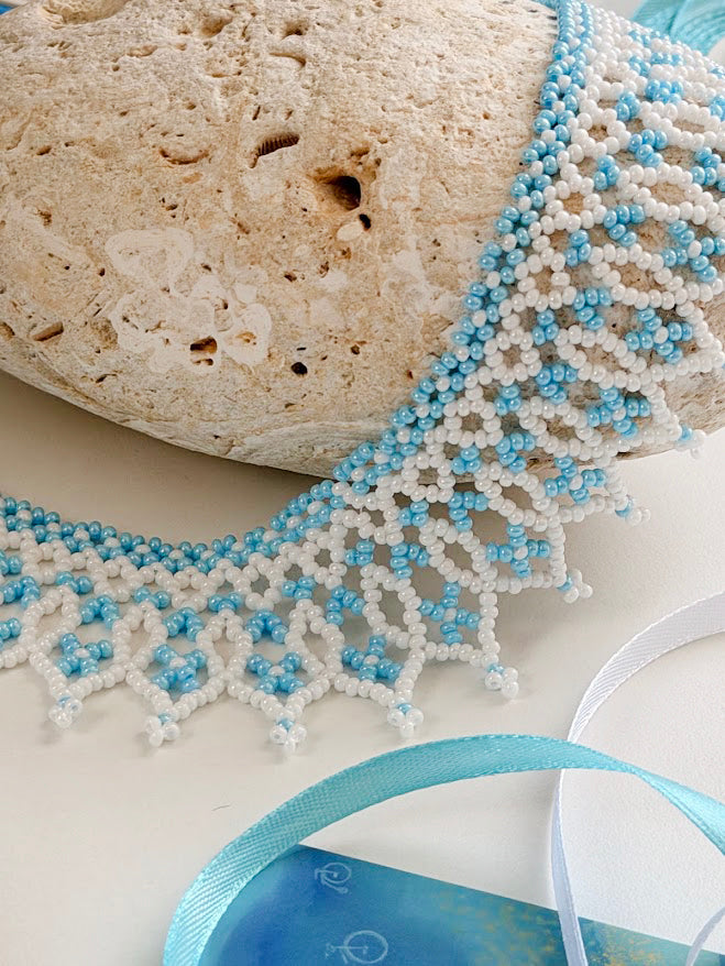 Beaded Necklace "Sky Foam" | White & Light Blue | Handmade