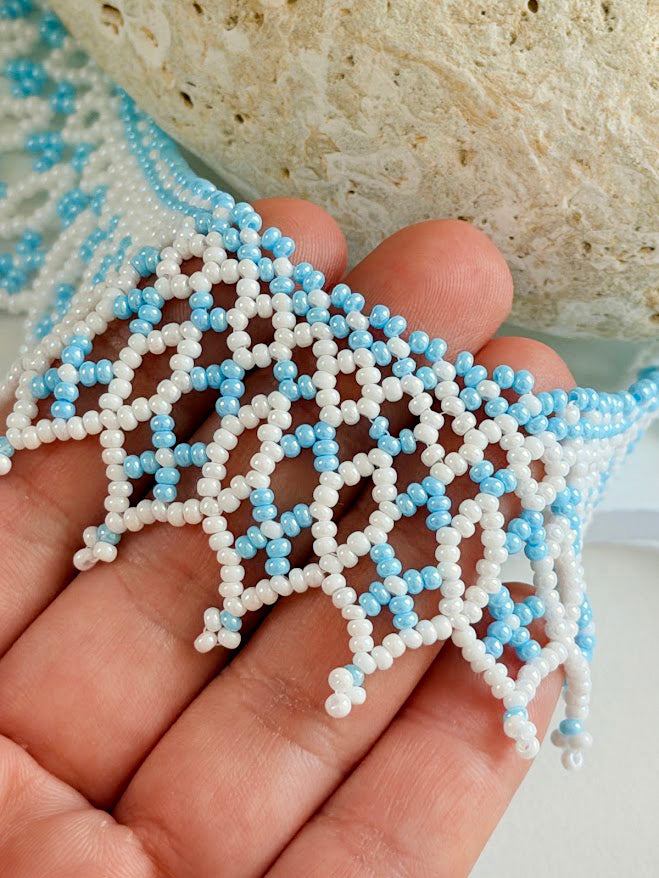 Beaded Necklace "Sky Foam" | White & Light Blue | Handmade