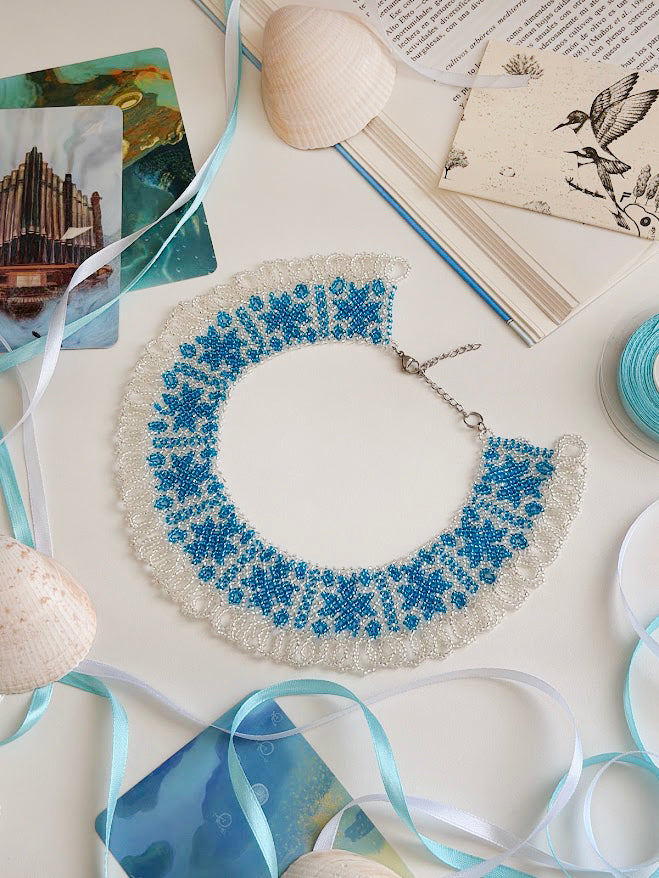 Beaded Necklace "Aqua Stars" | Silver & Aqua Blue | Handmade