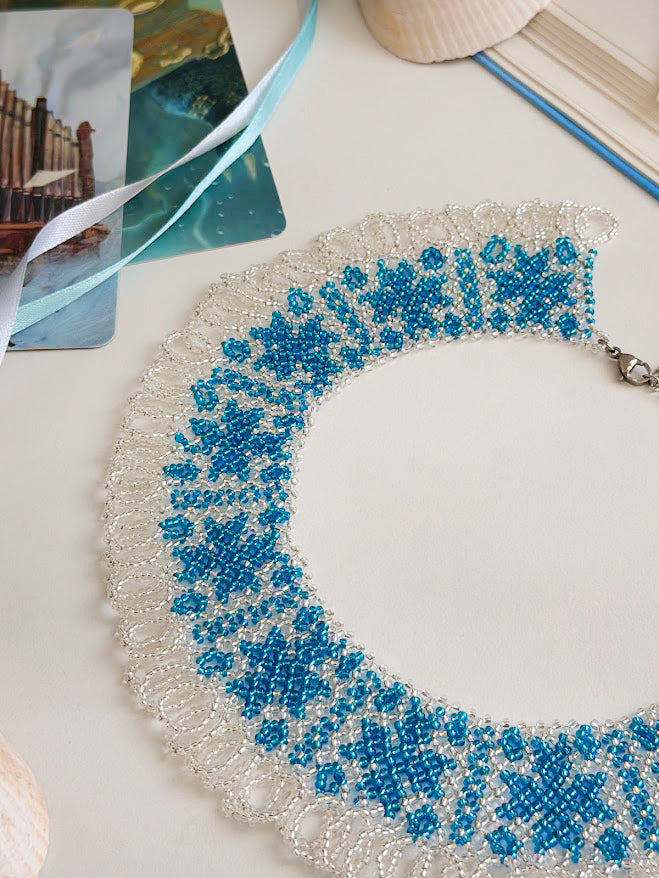Beaded Necklace "Aqua Stars" | Silver & Aqua Blue | Handmade