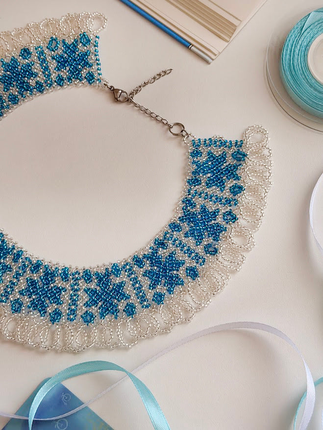 Beaded Necklace "Aqua Stars" | Silver & Aqua Blue | Handmade