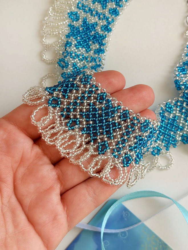 Beaded Necklace "Aqua Stars" | Silver & Aqua Blue | Handmade