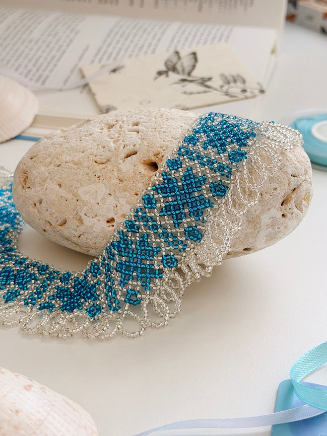 Beaded Necklace "Aqua Stars" | Silver & Aqua Blue | Handmade