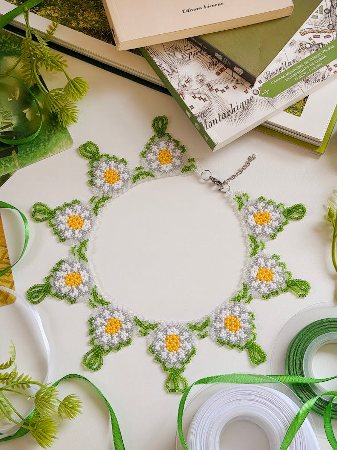 Beaded Necklace "Spring Daisy" | White, Green, Yellow & Silver | Handmade