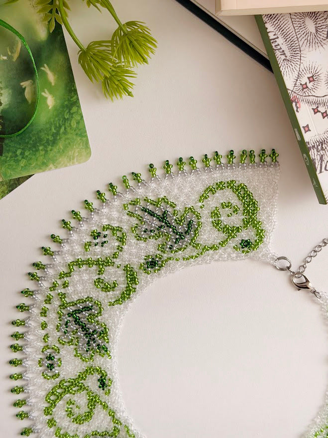 Beaded Necklace "Oak Spirit" | Green & Clear| Handmade