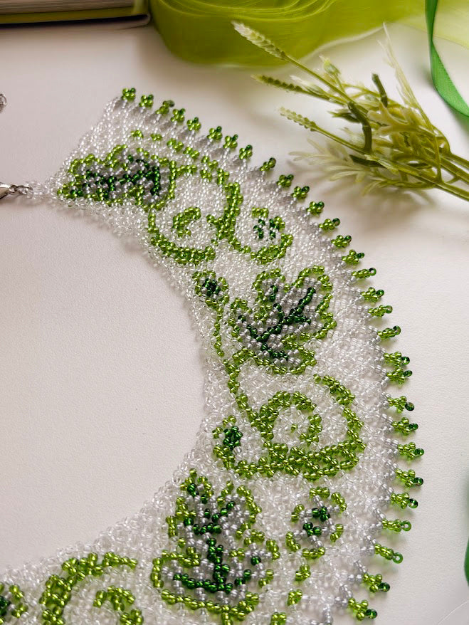 Beaded Necklace "Oak Spirit" | Green & Clear| Handmade