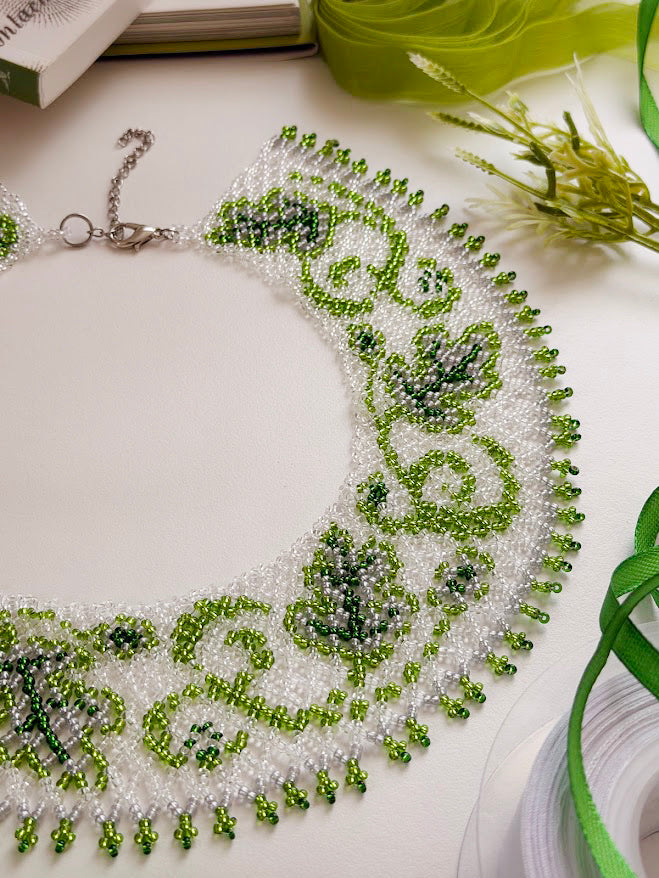 Beaded Necklace "Oak Spirit" | Green & Clear| Handmade